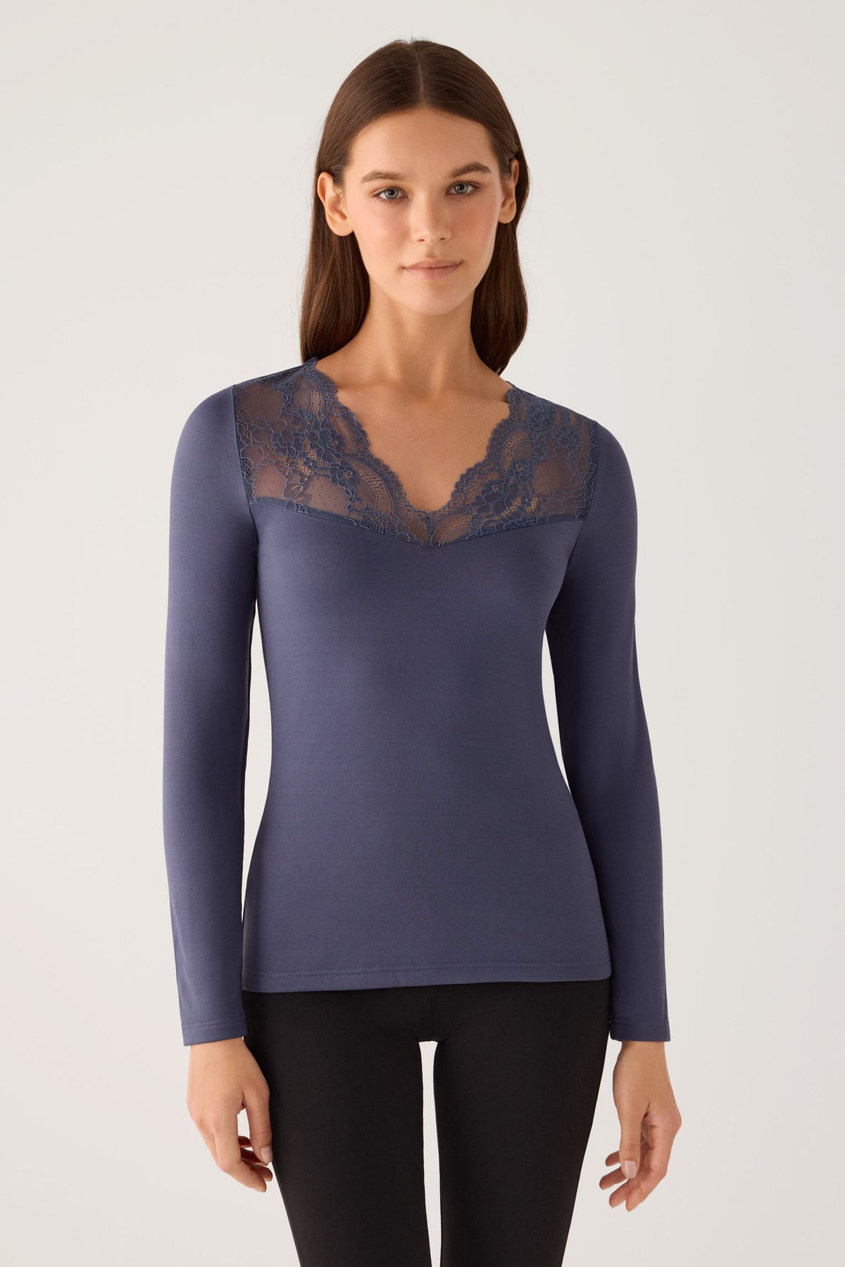 T-shirt THERMAL pour femme, manches longues, col en V, avec dentelle marine