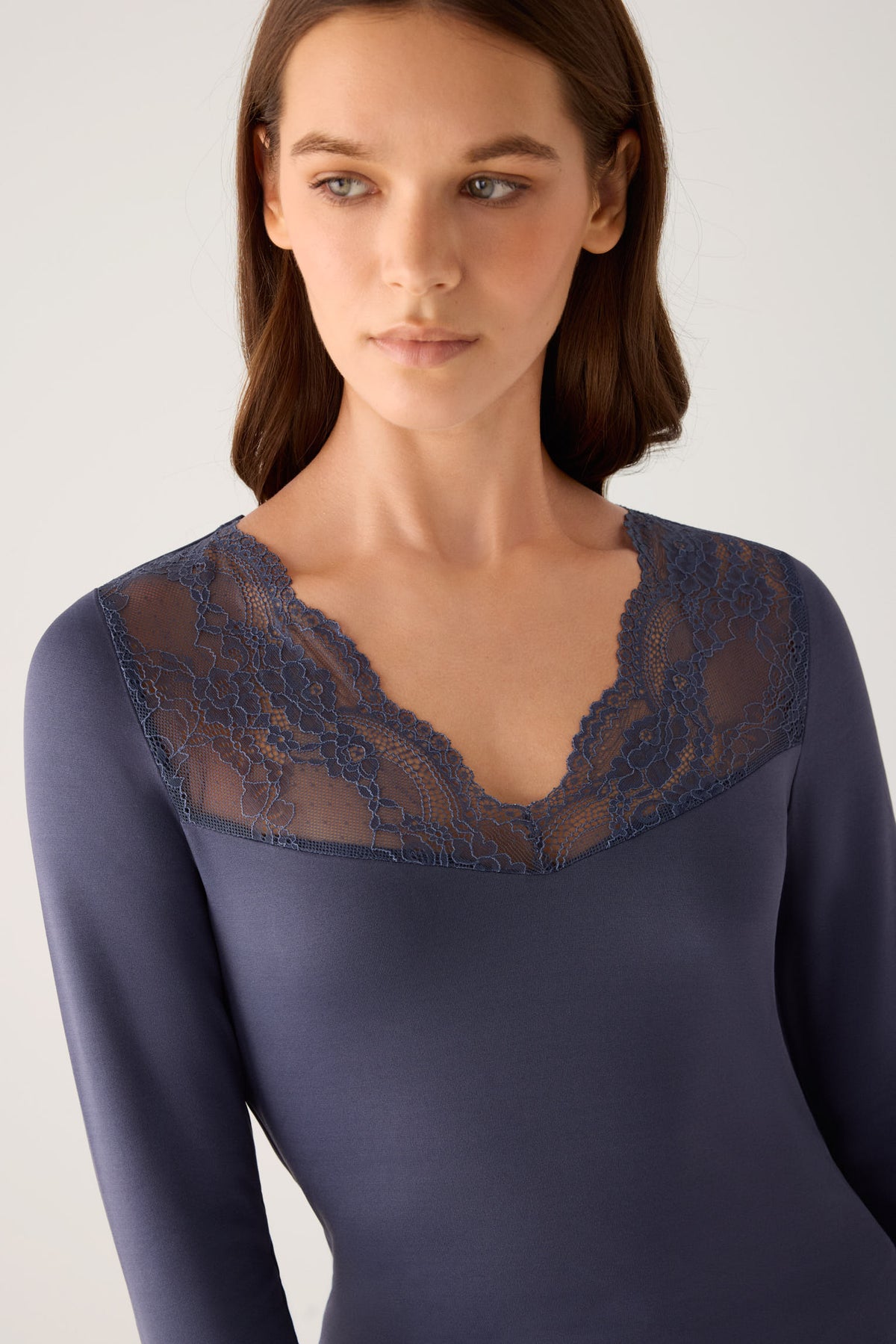 T-shirt THERMAL pour femme, manches longues, col en V, avec dentelle marine