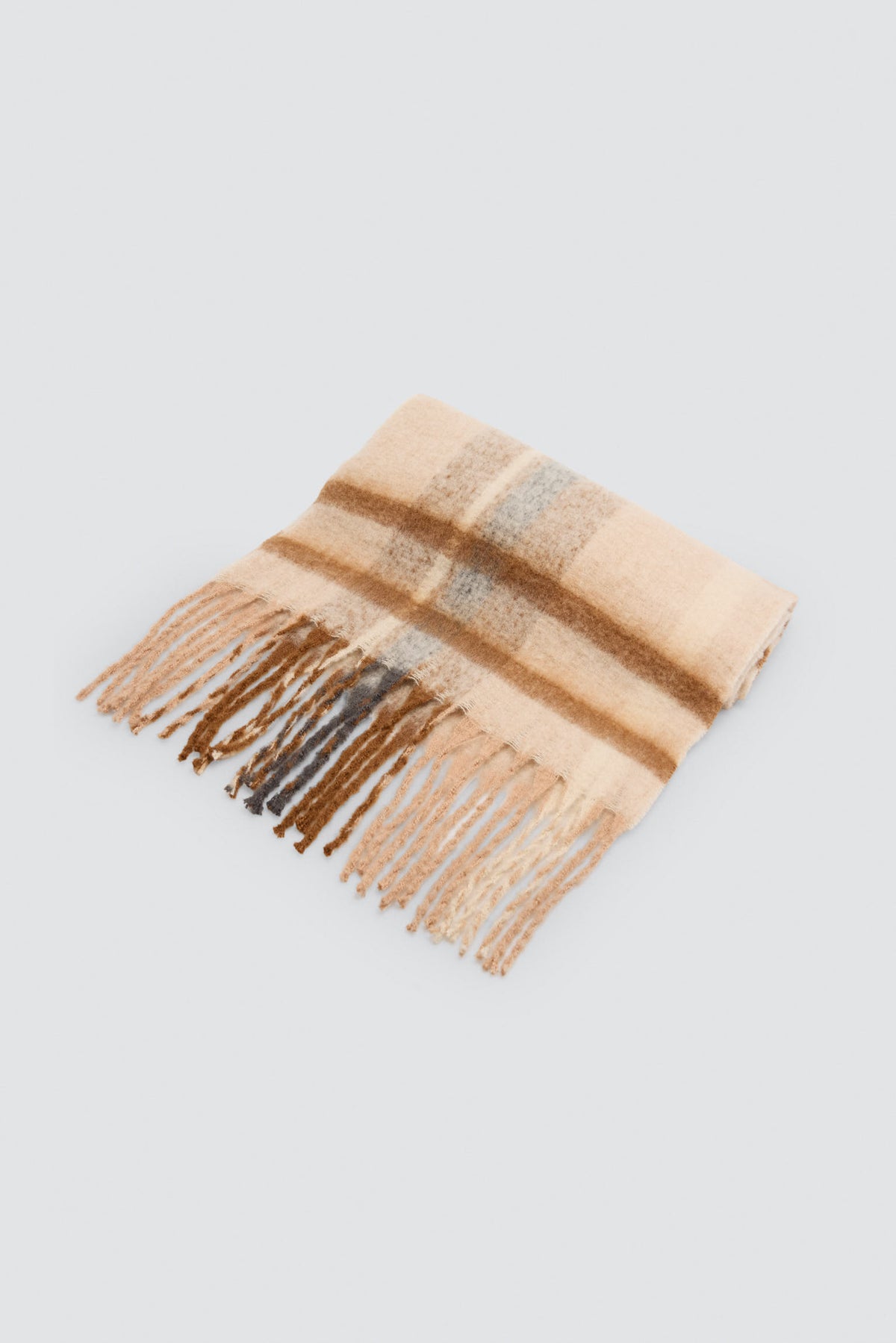 Écharpe femme à carreaux beige avec franges