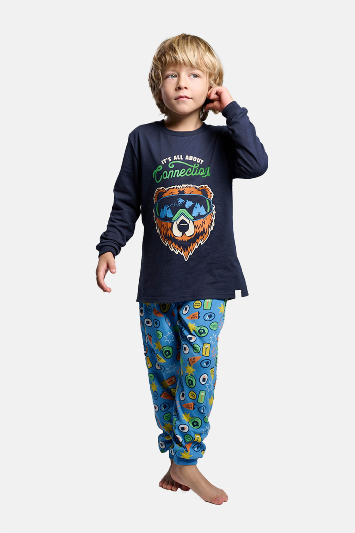 Pyjama long garçon coton It's all about connection imprimé ours