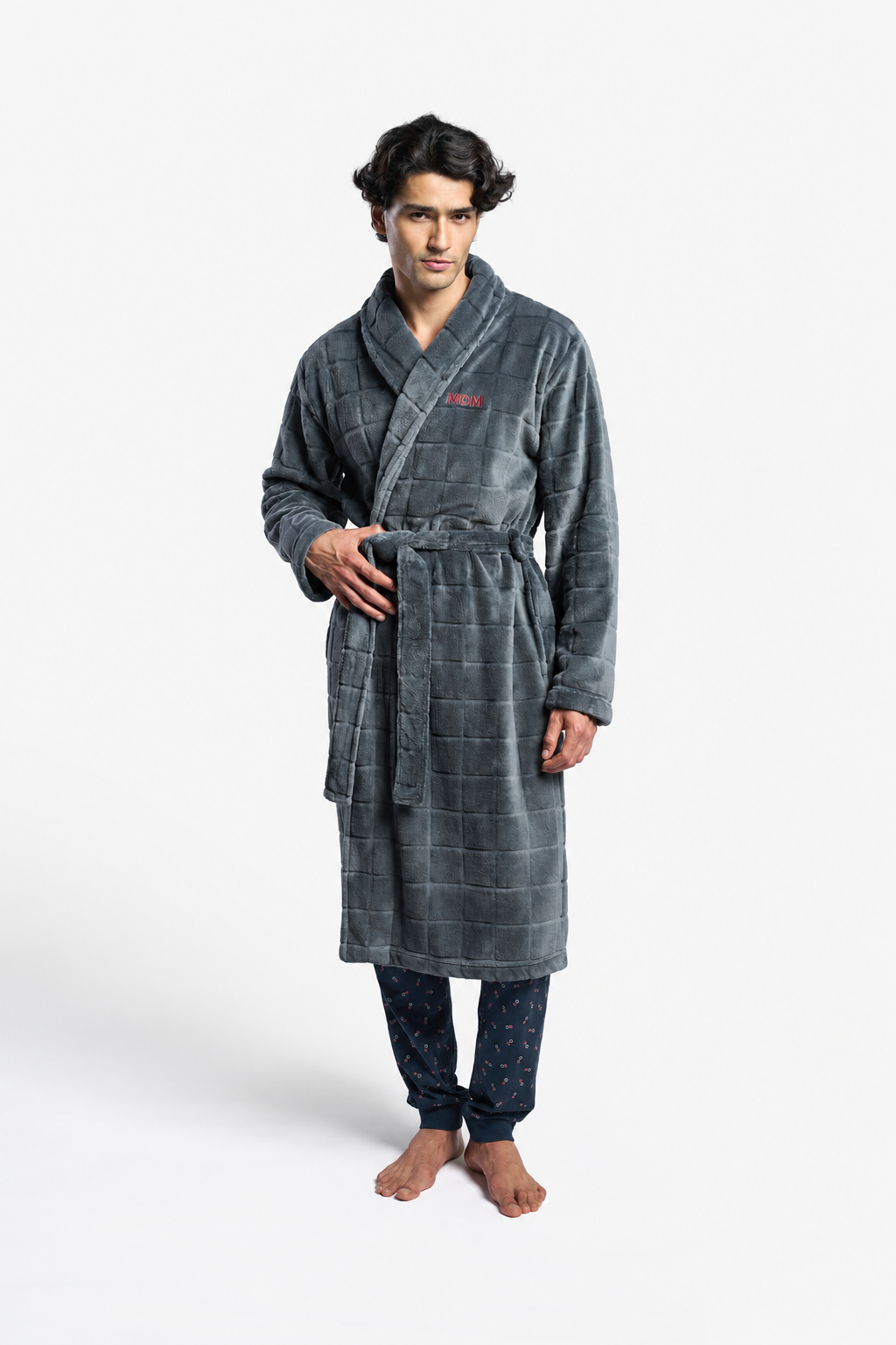 Peignoir long homme polaire corail gris relief carreaux