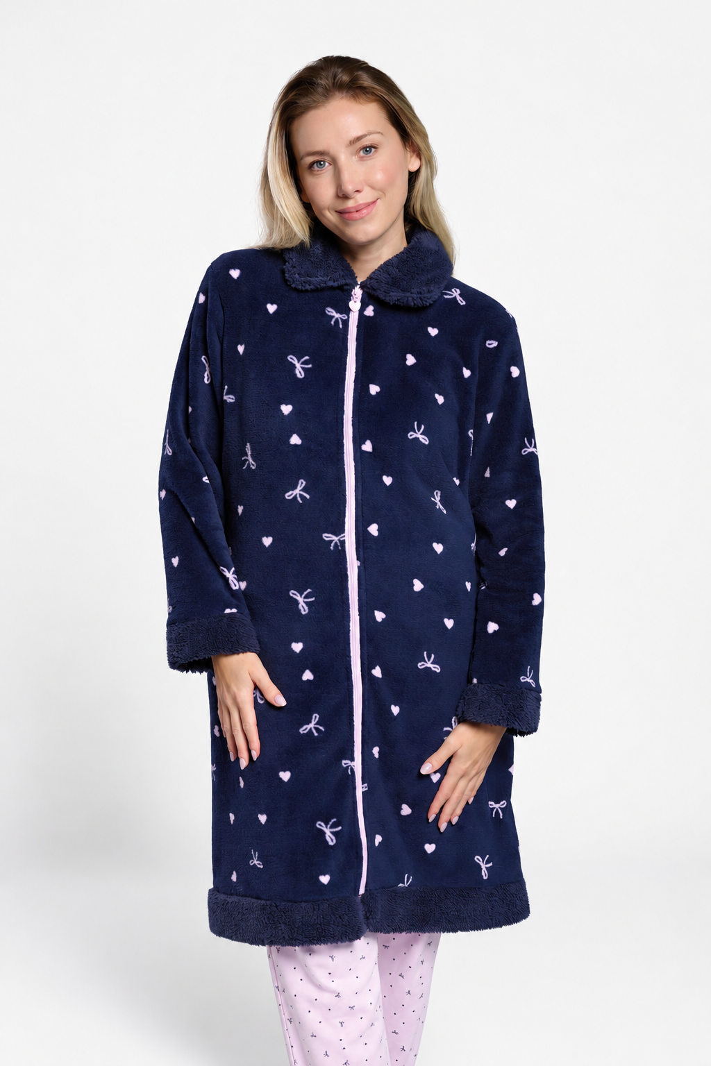 Peignoir long femme polaire corail bleu marine imprimé nœuds
