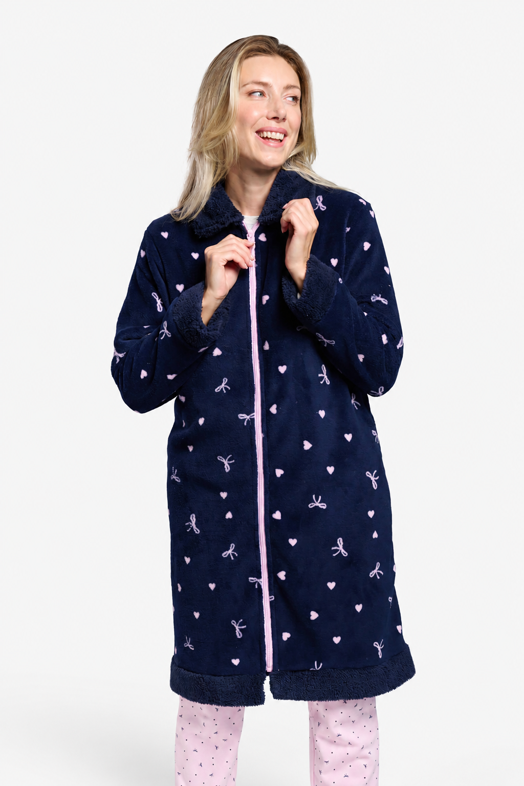 Peignoir long femme polaire corail bleu marine imprimé nœuds