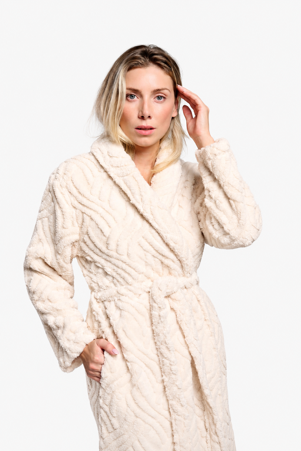Peignoir long femme polaire sherpa blanc texturé ivoire