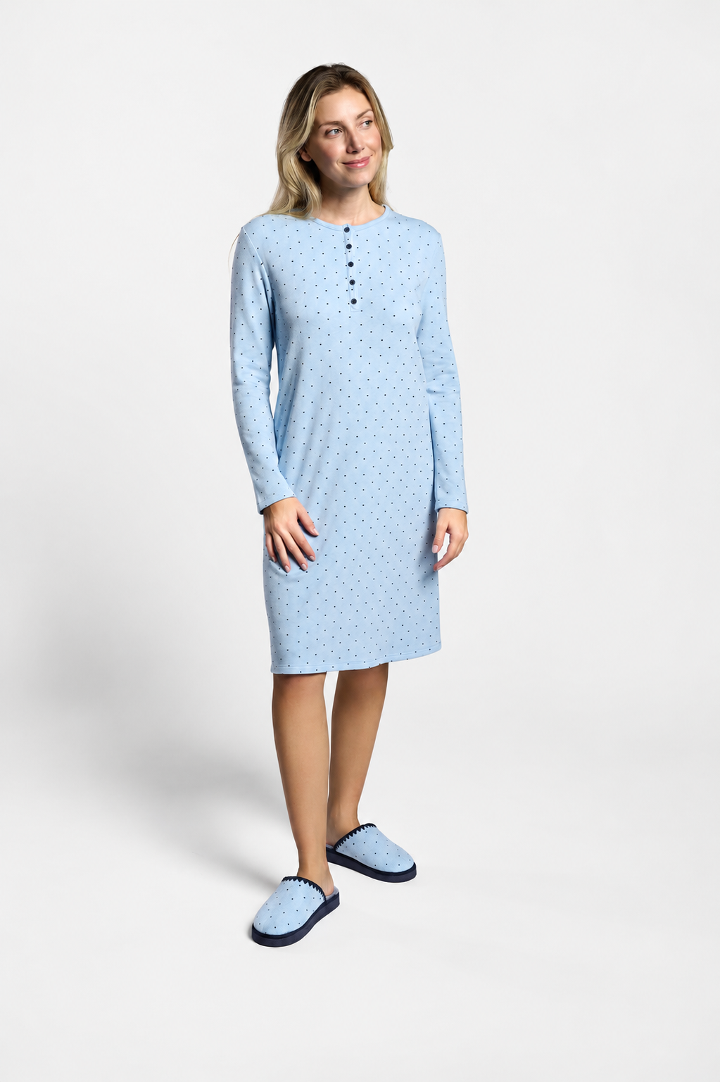 Chemise de nuit femme molletonnée bleue à pois