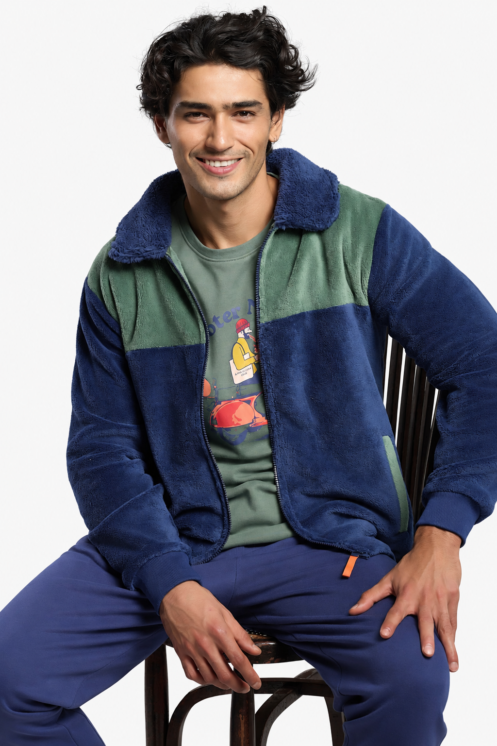 Peignoir court homme polaire sherpa et corail bicolore fermeture zippée
