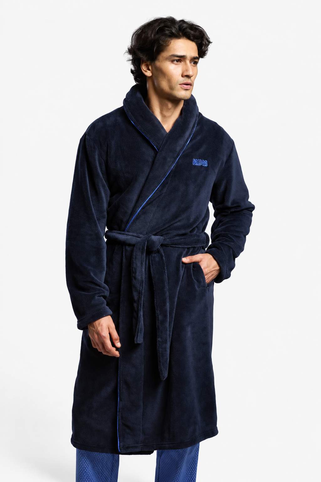 Peignoir long homme polaire corail bleu marine détail brodé