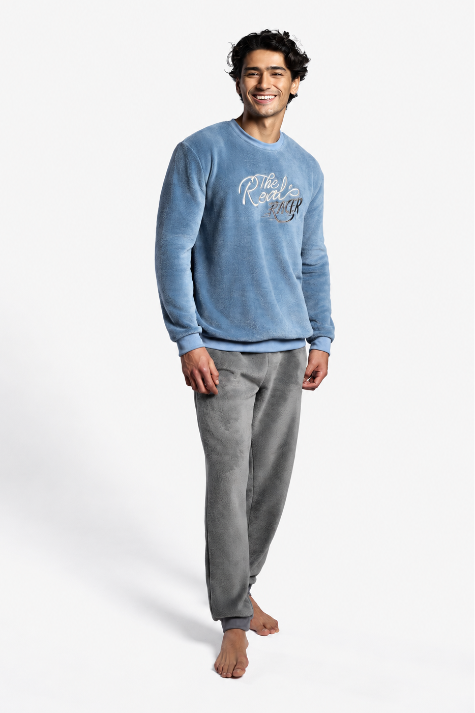 Pyjama long homme polaire corail bleu et gris The Real Racer