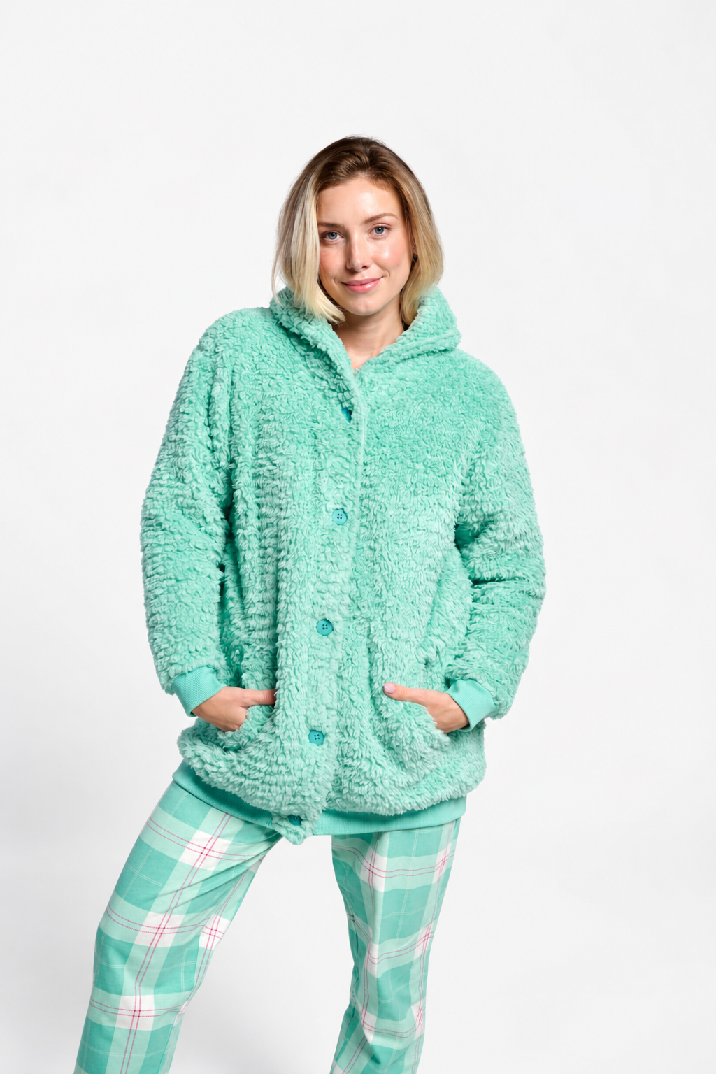 Peignoir court femme polaire sherpa vert avec boutons