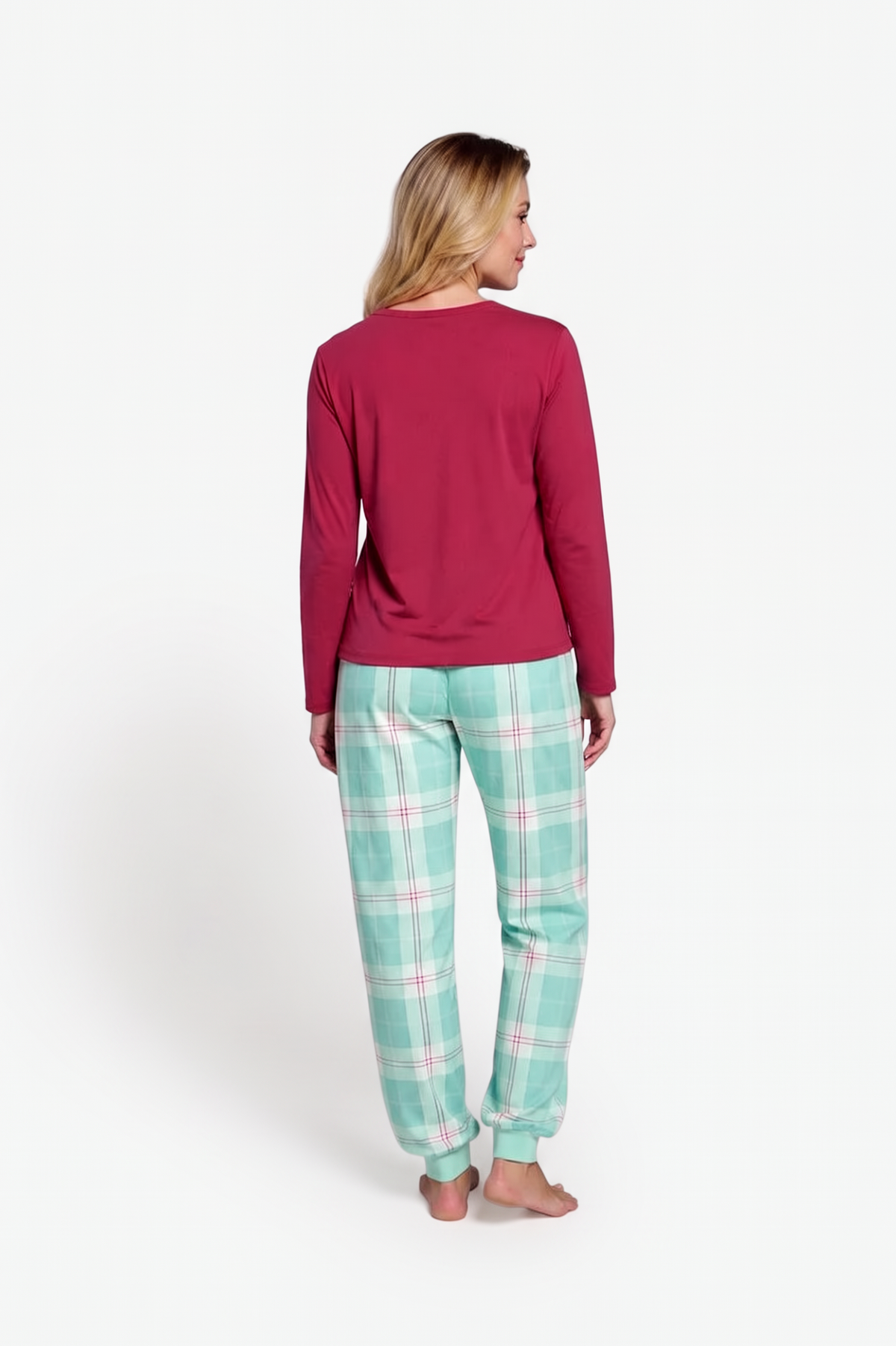 Pyjama long femme coton à carreaux vert et rouge