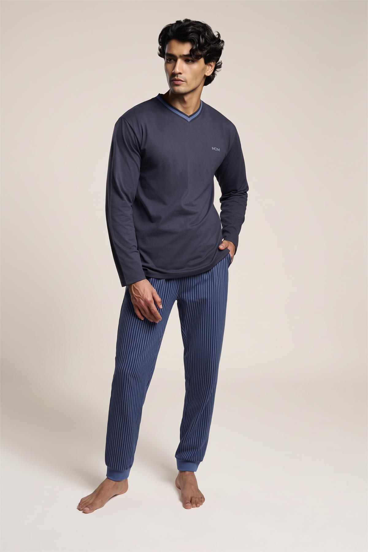 Pyjama long homme coton col V rayures verticales