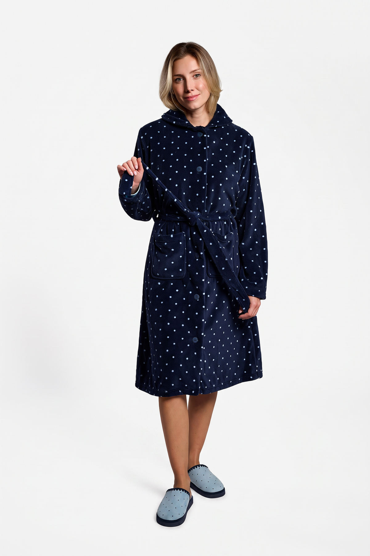 Peignoir midi femme polaire corail bleu marine à pois