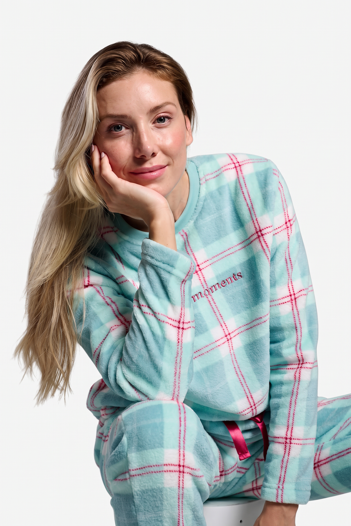 Pyjama long femme polaire corail à carreaux vert aqua