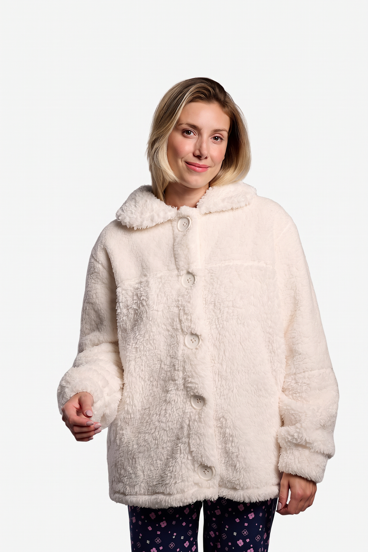 Peignoir court femme polaire sherpa blanc avec boutons