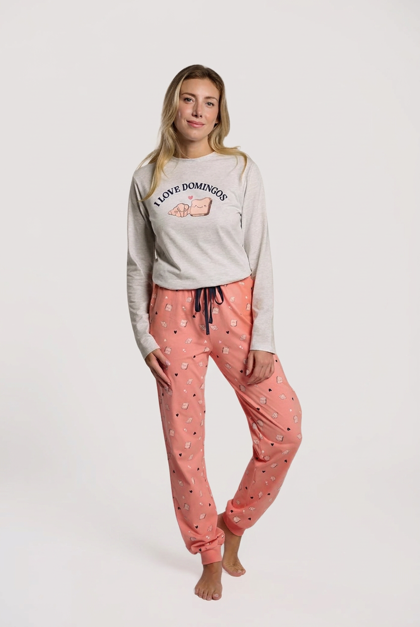 Pyjama long femme coton corail I Love Domingos